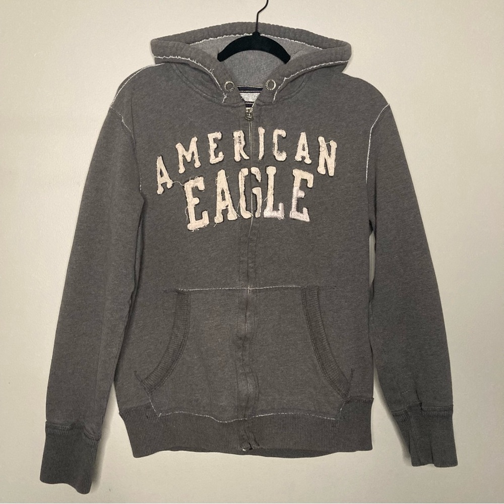 Y2K American‎ Eagle Outfitters Charcoal Zip Up Hoodie Spell Out Men’s Large